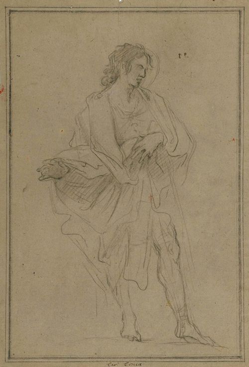 CONCA, SEBASTIANO (Gaeta 1676/80 - 1764 Naples) Study for a standing saint. Black chalk on greyish laid paper. Inscribed centre bottom in brown pen: Cav. Conca. Verso old collector’s number in brown pen: 5 N.39. 36.4 x 24.4 cm.