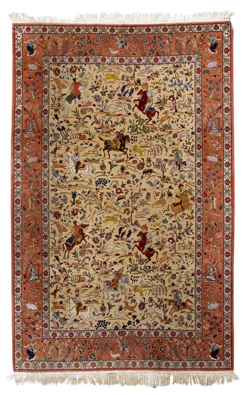 TABRIZ old.Beige central field with hunting scenes, pink edging patterned with human figures, animals and plants, 175x240 cm.
