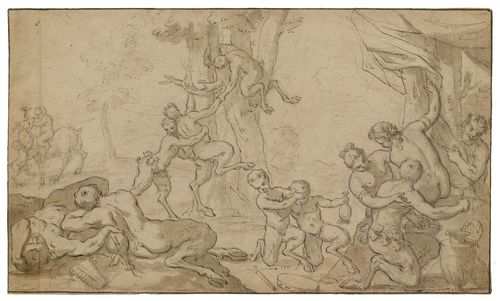 ITALIAN SCHOOL, 17TH CENTURY Park with Satyrs and Nymphs carousing. Black pen over chalk preparatory drawing, with grey wash. Old attribution lower left: Tintoretto 23.6 x 39.5 cm.