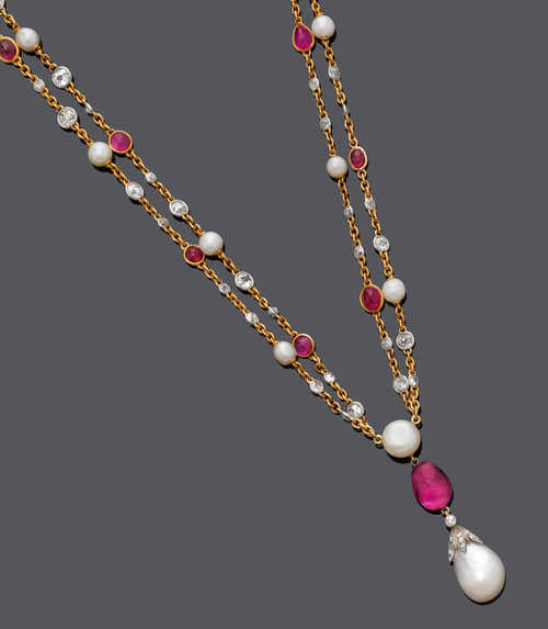 NATURAL PEARL, RUBY AND DIAMOND NECKLACE, ca. 1900.