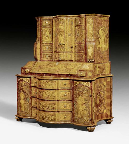 BUREAU CABINET,Baroque, monogrammed MP and IM, dated 1744, probably Austria or Bohemia. Walnut, burlwood and local fruit woods in veneer with exceptionally fine inlays. The front with hinged writing surface, flanked by 1 drawer on each side, above 4 drawers between 2 doors, each revealing 5 drawers. Fitted interior with central door flanked on each side by 4 drawers in 2 rows. The recessed upper section with central door above drawer, flanked by 3 drawers and 1 door on each side. Swiveling interior with central door and coat of arms probably of the von Mesantz family, between 3 drawers, verso 1 vitrine compartment for devotional objects. Bronze mounts, knobs and drop handles. 145x77x(open 105)x188 cm.