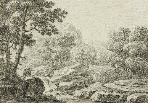 DIETZSCH, JOHANN CHRISTOPH (1710 Nuremberg 1769) Landscape with hunters by a stream. Black chalk. Signed in brown pen centre bottom in the image: J.C.Dietzsch. Old mount. 20.8 x 29.5 cm. Provenance: - Collection of Achille Rhyner, Basel, not in Lugt