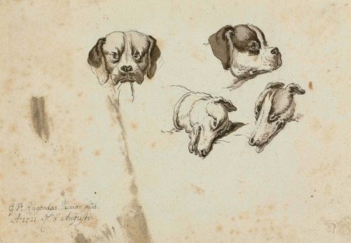 RUGENDAS, GEORG PHILIP II (1701 Augsburg 1774) Two study sheets with dogs’ heads, 1721. Pen and brush in black and grey. Each signed, inscribed and dated on left margin in grey pen: G.P.Rugendas.fecit Junior A:1721 d. 6.Augusti. 14 x 19 cm and 15 x 21 cm.