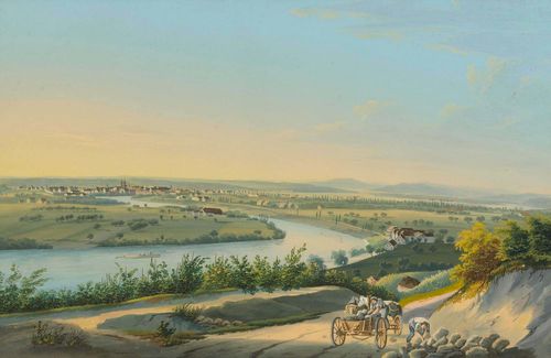 BASEL.-Anonymous, circa 1840. Vue de la Ville de Basle et de ses Environs. Gouache, 32 x 47.5 cm. With outer line in black brush. Framed. – Cut as far as the outer line. Entitled on the cut lower margin. The image in very fine, almost untouched condition.