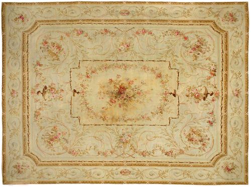 AUBUSSON CARPET, antique. Slightly stained, otherwise in good condition. 365x460 cm.