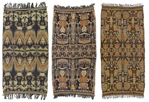 A LOT OF THREE IKATS SHOWING WINGED DANCERS, BEASTS AND EXOTIC BIRDS.