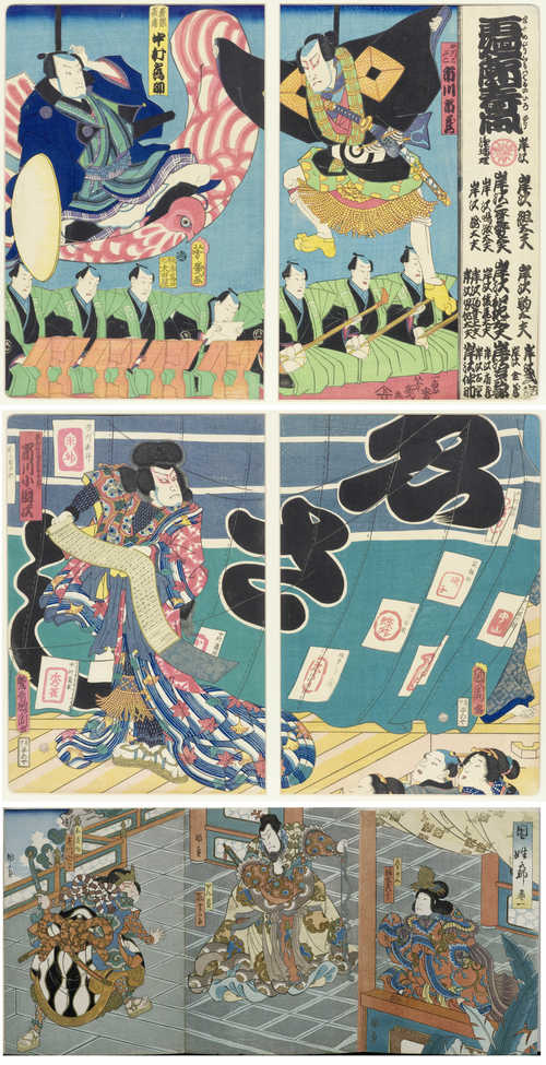 ONE DIPTYCH EACH BY TOYOHARA KUNIKIKA (1835-1900) AND UTAGAWA YOSHIIKU (1833-1904), AND A TRIPTYCH BY UTAGAWA KUNISADA (1786-1865).