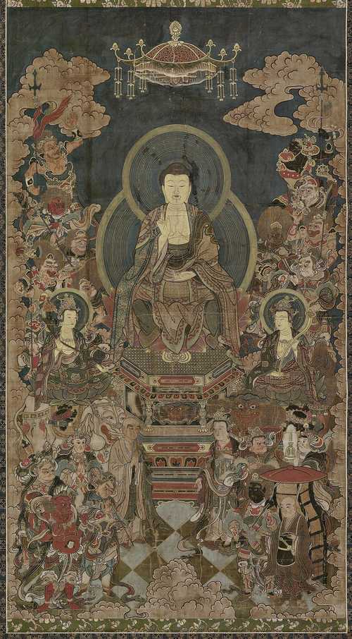 A KAKEMONO OF A SHAKA TRIAS ACCOMPANIED BY THE 16 TUTELARY GODS OF THE DHARMA TEACHINGS.