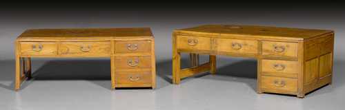 A PAIR OF WOODEN FLOOR-WRITING TABLES.