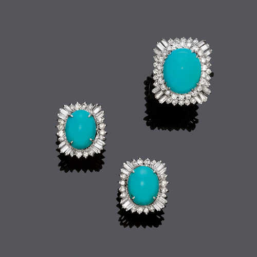 TURQUOISE AND DIAMOND EARCLIPS AND RING, ca. 1960.