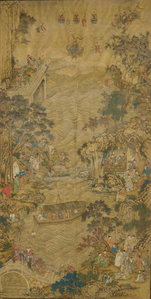 A LARGE PAINTING OF DEITIES IN A HEAVENLY PARADISE. China, dated 1765, 175x97 cm. Ink and colors on silk. Signed: Zhou Qingshu. Framed under glass. Somewhat damaged. Silk brittle.
