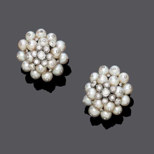 PEARL AND DIAMOND FLOWER EARCLIPS, ca. 1970.