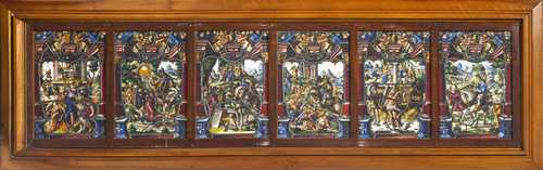 6 STAINED GLASS PANES FROM A SET OF "VIRTUES AND VICES",