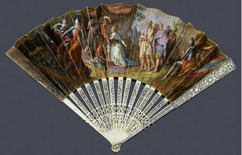 A PAINTED FAN SET WITH DIAMONDS, France, 19th c. Silver. Set with 16 large diamonds of a total of ca. 4.80 ct and ca. 1184 small diamonds of a total of ca. 20.00 ct. Polychrome painted scene of "The Generosity of Scipio" in gouache on paper. 13 pierced ivory batons.  Width open ca. 44 cm. L ca. 27 cm. From the dowry of Marie Georgine, Princess of Thurn und Taxis. With a copy of the chronology of its descent within the family and case.