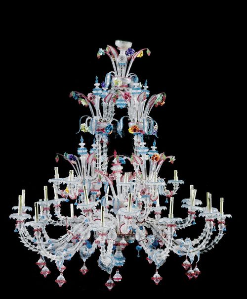 IMPORTANT LARGE CHANDELIER,Murano, early 20th century. Finely cut and colored glass. With 36 light branches on 3 levels. H 210 cm, D 190 cm. A rare, important chandelier in an excellent condition.