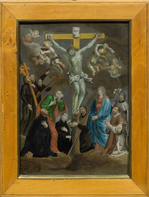 REVERSE GLASS PAINTING DEPICTING CHRIST ON THE CROSS,