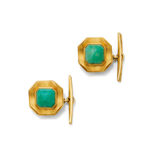 AMAZONITE AND GOLD CUFF LINKS.