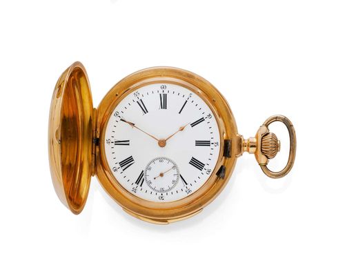 SAVONNETTE POCKET WATCH, MINUTE REPEATER, ca. 1900. Pink gold 750, 129g. Polished case No. 1011 unsigned, with repetition slider at 3-5h, 2 small dents on the edge. Enamelled dial with black Roman numerals, gold-coloured hands, small second, outer minute division. Dust cover No. 133765. Glass-covered lever escapement with Breguet spring, bimetallic balance, pallet with counterpoise, 2 screwed chatons, 2 capstones, minute repeater with strike on two gong springs. D 56 mm.