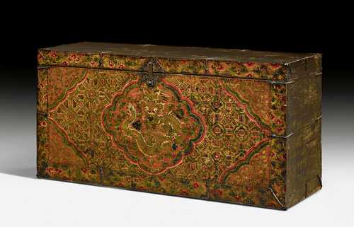 A WOODEN MONASTERY CHEST RICHLY PAINTED OVER GESSO.