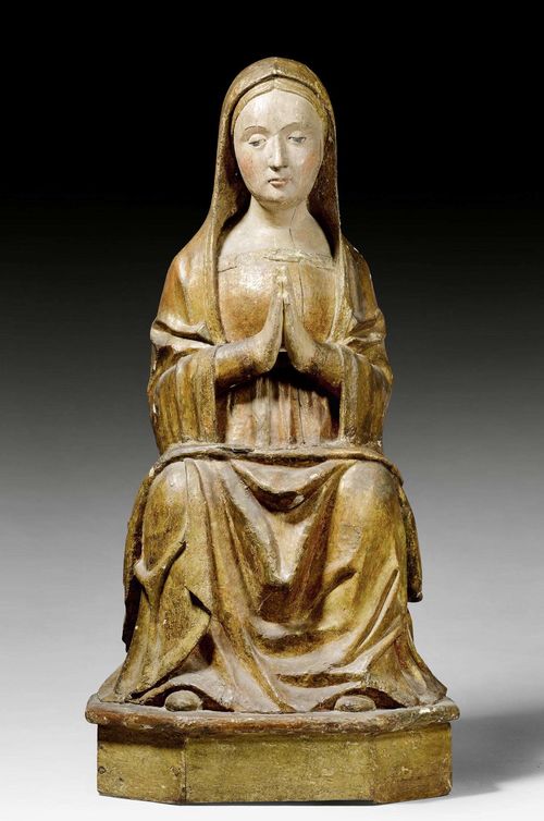 MADONNA ENTHRONED,northern Italy, late 14th/early 15th century. Wood carved full round and painted. H 100 cm. The paint heavily retouched. Probably altered in the lower section.
