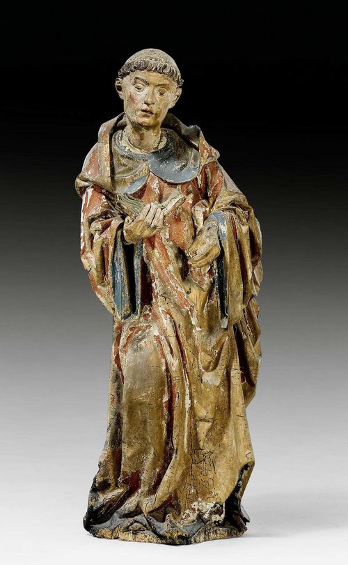 SAINT BENEDICT,late Gothic, South German, circa 1500. Carved limewood, hollowed verso, with remains of painting. H 90 cm. Heavily rubbed, losses to the base, hand altered.