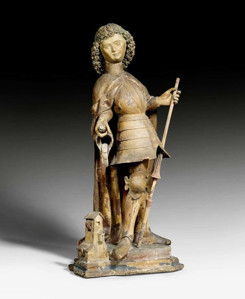 SAINT FLORIAN,Gothic, South German, Franconia, circa 1480 (?) Limewood carved full round. Remains of paint. H 80 cm. Losses in the base area, both hands as well as parts of the feet replaced. The lance later.