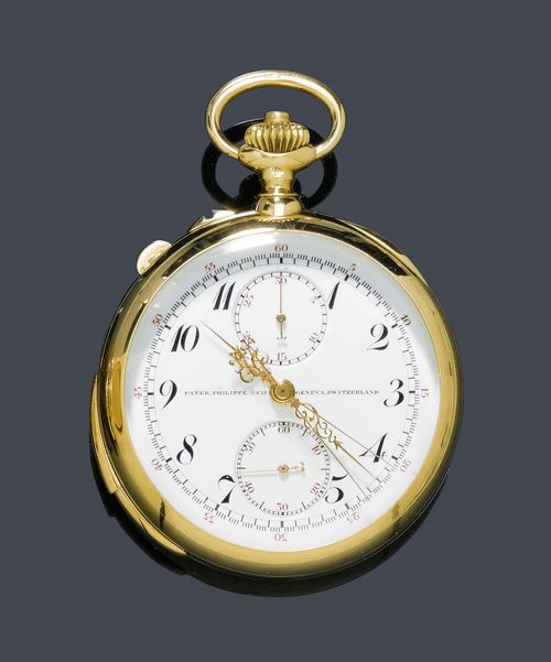 A YELLOW GOLD POCKET WATCH, CHRONOGRAPH RATTRAPANTE, MINUTES REPEATER, PATEK PHILIPPE, 1912. Yellow gold 750. D 47 mm. With the original case, the Certificate of Origin from 1912, extract from the archives from 1991, and certificate by Harald Schade from 1993.