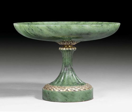 NEPHRITE FOOTED DISH. Russia.Marked Michael Perchin and Faberge. Round base with laurel band made of silver. H 36.3 cm.