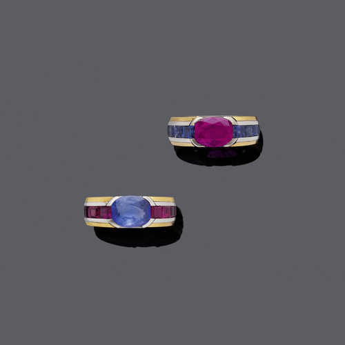 PAIR OF RUBY / SAPPHIRE AND GOLD RINGS.