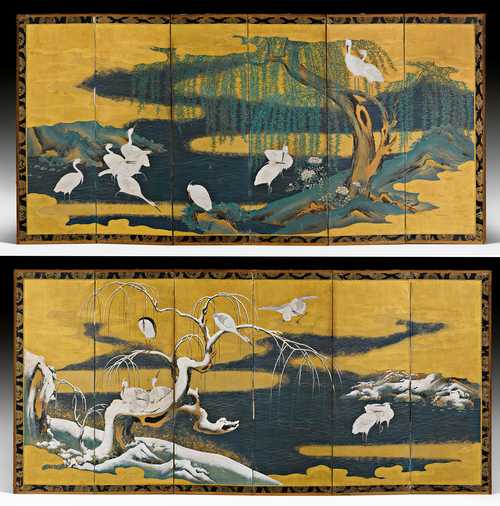 A PAIR OF SIX-FOLD SCREENS WITH HERONS IN WINTER AND SUMMER.