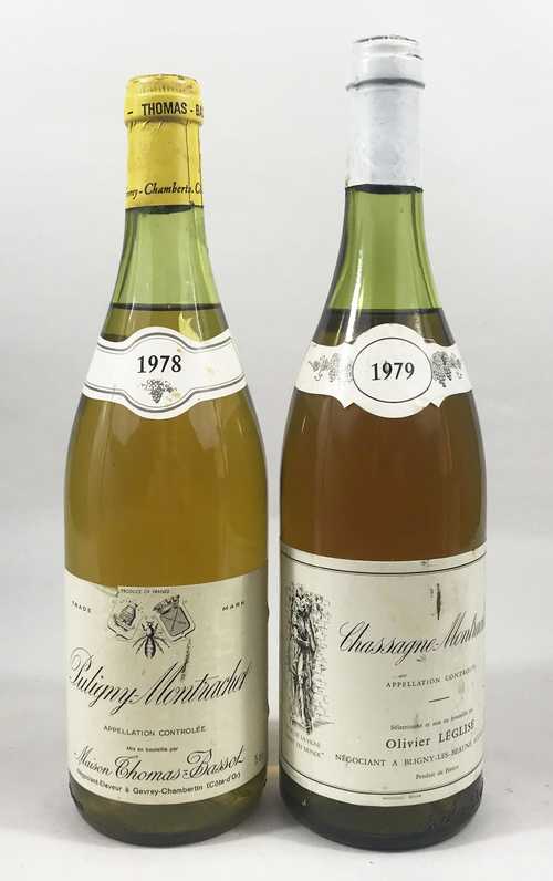 LOT DE 2 BTS : 1 bt Puligny-Montrachet Thomas-Bassot 0.75 L 1978, 1 bt Chassagne-Montrachet Olivier Léglise 0.75 L 1979