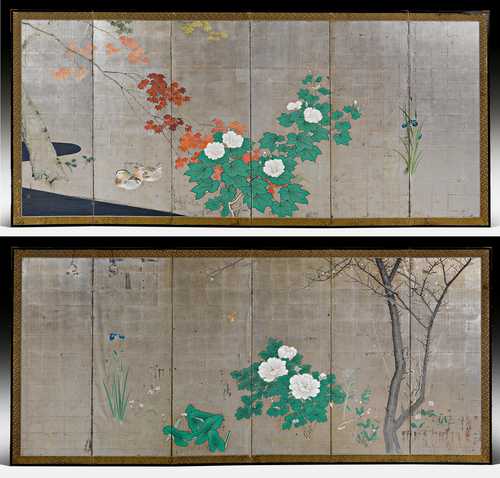 A PAIR OF SIXFOLD SCREENS DEPICTING A PAIR OF DUCKS IN THE FOUR SEASONS.