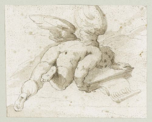 ROMAN, CIRCA 1750 Flying angel, carrying a book. Black pen, brown wash. 11.4 x 13.6 cm. Framed.