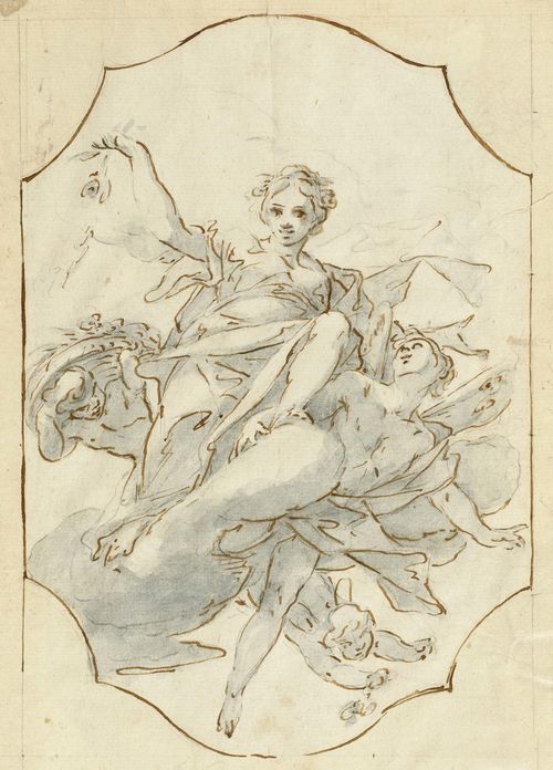 CONSETTI, ANTONIO (1686 Modena 1766) Sibyl and putti floating on clouds. Other studies on verso. Brown pen, blue wash. 23.8 x 19.2 cm. Framed.