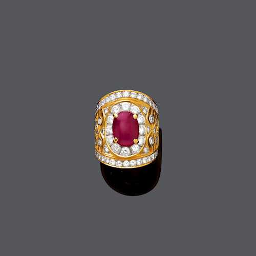 RUBY AND DIAMOND RING, ca. 1980.
