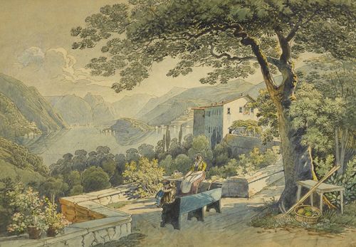 LAKE OF LUGANO.-Attributed to Mathias Gabriel Lory fils (1784-1846). Vue d'Agno sur le Monte Sassalto, Lac de Lugano. Pen and watercolour drawing. 23.2 x 31.5 cm. Inscribed in lower centre on the old mat: G.Lory fils. In period frame.