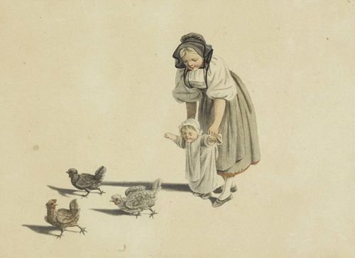 MIND, GOTTFRIED (1768 Bern 1814).Young mother with small child and three chickens. Grey and black pen, grey brush, watercolour. 12 x 17 cm. Gilt frame. - An unidentified collector's stamp: Monogram "L", Lugt 1709.