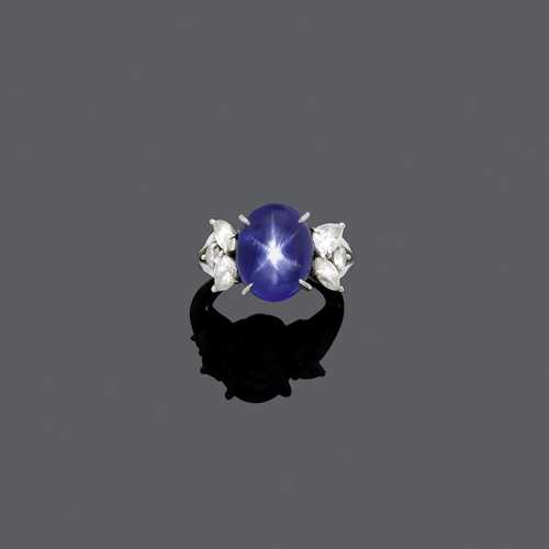 STAR SAPPHIRE AND DIAMOND RING, BY E. MEISTER, ca. 1980.