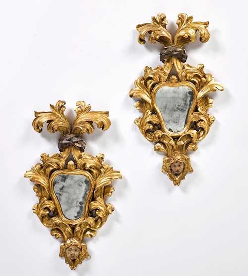 PAIR OF SMALL CARTOUCHE MIRRORS,