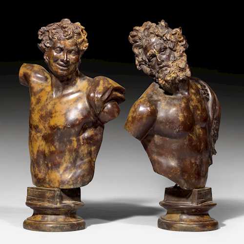 A PAIR OF ORNAMENTAL BRONZE BUSTS OF SATYRS,