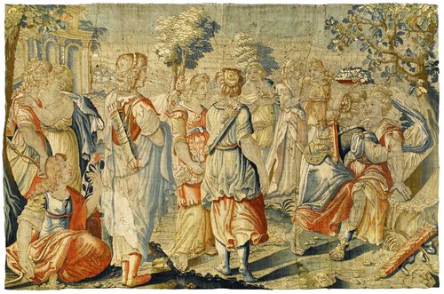 LARGE TAPESTRY FRAGMENT "LE TRIOMPHE DE DIANE",early Baroque, probably Flanders circa 1650/80. Depiction of female hunters around Diana in idealized park landscape. Without border. H 220 cm, W 330 cm.