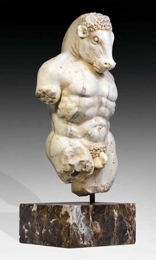 LARGE MARBLE FIGURE OF MINOTAUR,late Baroque, Italy, probably 17th century. White/gray speckled marble. On gray/red speckled marble base. H 105 cm.