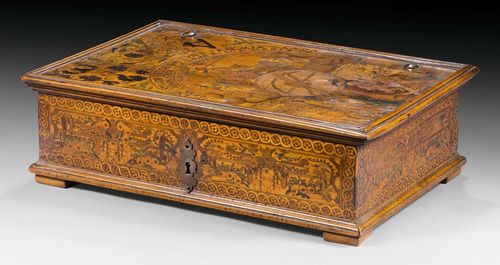 CASKET,Renaissance, South German, dated 1597. Wood, partly dyed, engraved and burnt, with exceptionally fine inlays. The lid with depiction of the Last Judgment and the inscription "Mors venit est ratio reddenda sunt praemia danda poena luenda atrox ach homo disce mori" above it, as well as God the Father and Mary with coat of arms. The inside with a monk lashing a fellow believer, with a monastery and nun in the background, and inscription "Im Klostergarten wirdt verricht solch Disciplin wie man hie sictht". The interior lined with old paste paper, with large compartment, 4 small compartments and carved sliding wall with secret compartment. Original, finely engraved iron fittings and lock. The underside with 2 old labels: "Maerz 1928 - Sammlung Seligmann - 359", the second with a description of the casket and "Mg Gustav Seligmann, Koeln, Maerz 1928." 42x28x12 cm. Provenance: - Formerly part of the collection of Geheimrat Dr. h.c. Gustav Seligmann, Koblenz and Cologne (1849-1920). - Formerly acquired in an estate auction in Koblenz on 27/28 March 1928. - Private collection, Switzerland.