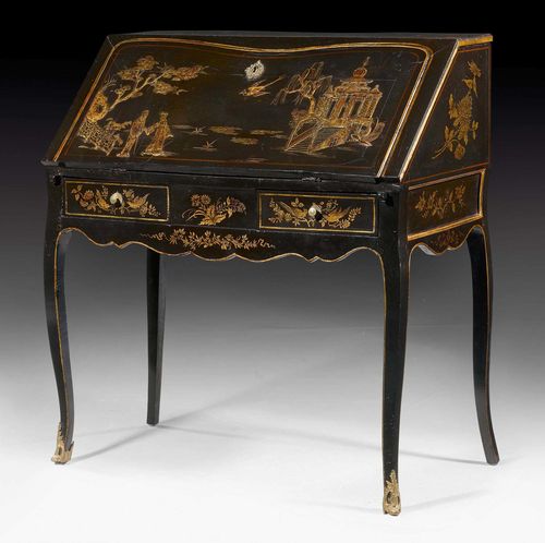 PAINTED LADY'S DESK, Louis XV, northern Italy circa 1760. Wood lacquered on all sides in "gout chinois". Fall-front writing surface lined with gold-stamped, red leather. Fitted interior of drawers and compartments. Bronze mounts and knobs. 84x42x(open 77)x95 cm.
