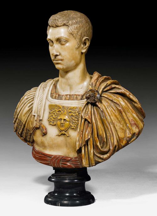 MARBLE BUST OF A NOBLEMAN,Baroque, Rome, 18th/19th century. "Carrara" and various other marble types. H 87 cm. Provenance: from a highly important European private collection.