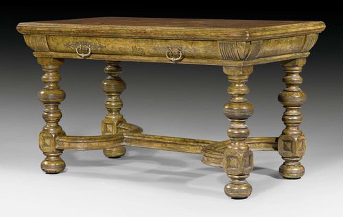 CENTER TABLE "AUX COLONNES",Baroque style, partly with older elements, German. Walnut, mother of pearl and various partly colored precious woods in veneer with exceptionally fine inlays. The front with 1 drawer. Bronze mounts and drop handles. 130x77x77 cm.