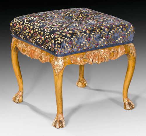 STOOL "AUX PATTES DE GRIFFON", Baroque, Danish, 18th century. Richly carved walnut with remains of old gilding. Dark blue, buttoned silk cover with polychrome floral embroidery. 48x48x46 cm Provenance: aristocratic collection, Germany.