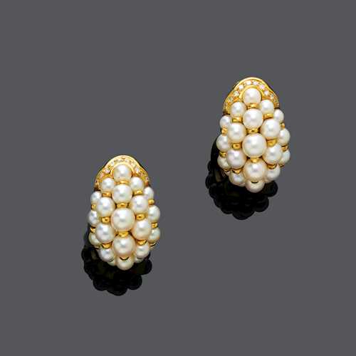 PEARL AND DIAMOND EARCLIPS, BY CARTIER, ca. 1990.