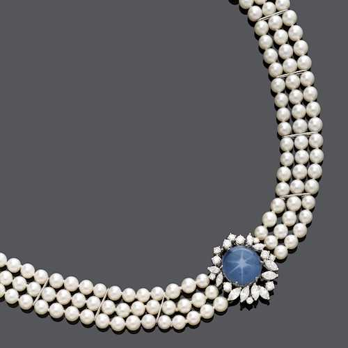 STAR SAPPHIRE, DIAMOND AND PEARL NECKLACE, ca. 1970.