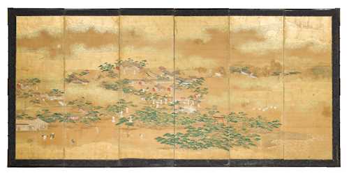 A SIXFOLD BYOBU DEPICTING VARIOUS SCENES ON A SHINTO SHRINE COMPOUND.